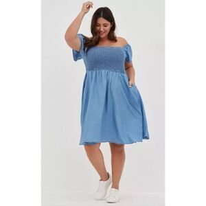 Torrid 3 Chambray Off Shoulder Smocked Skater Dress Blue Above Knee Pockets